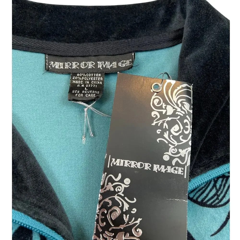 NWT Mirror Image Y2K Teal Black Floral Zip Jacket Velour Trim Size L